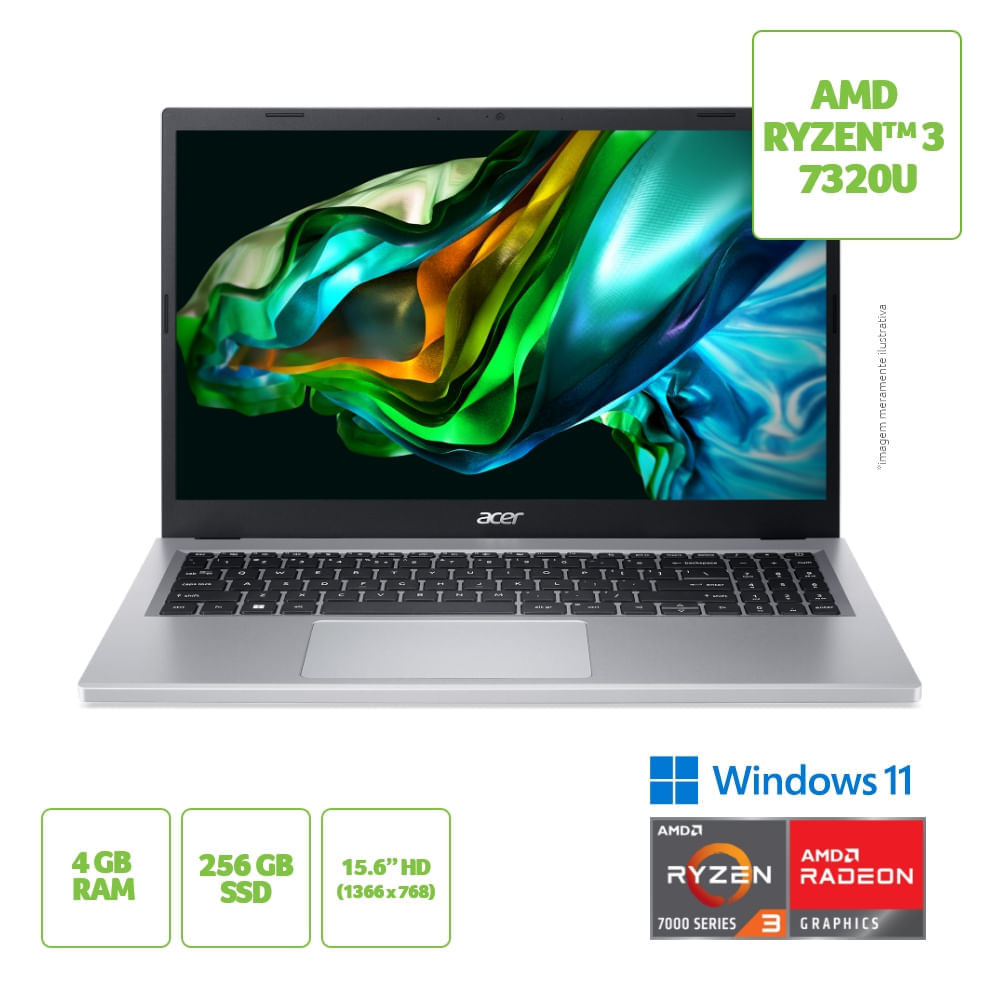 Encontraproduto.com.br - Notebook Acer A315-24P-R3TV AMD RYZEN 3 7320U, 4GB, 256GB SSD, W11, 15.6