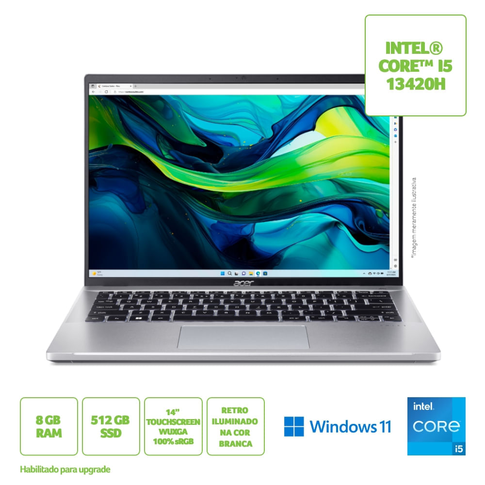 Encontraproduto.com.br - Notebook Acer Swift Go SFG14-71T-521G Ultrafino Ci5 13° Windows 11 Home 8GB 512GBSSD 14