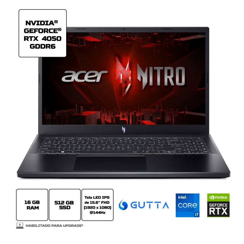Notebook Gamer Acer Nitro V ANV15-51-7037 i7 13ªGen Linux Gutta 16GB 512GB SSD RTX4050 15.6 FHD