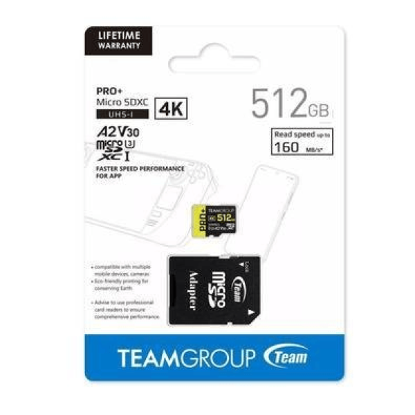 Encontraproduto.com.br - Cartão de Memória Micro SDXC Gaming 512GB Pro+ UHS-I U3 A2 V30 - Team Group