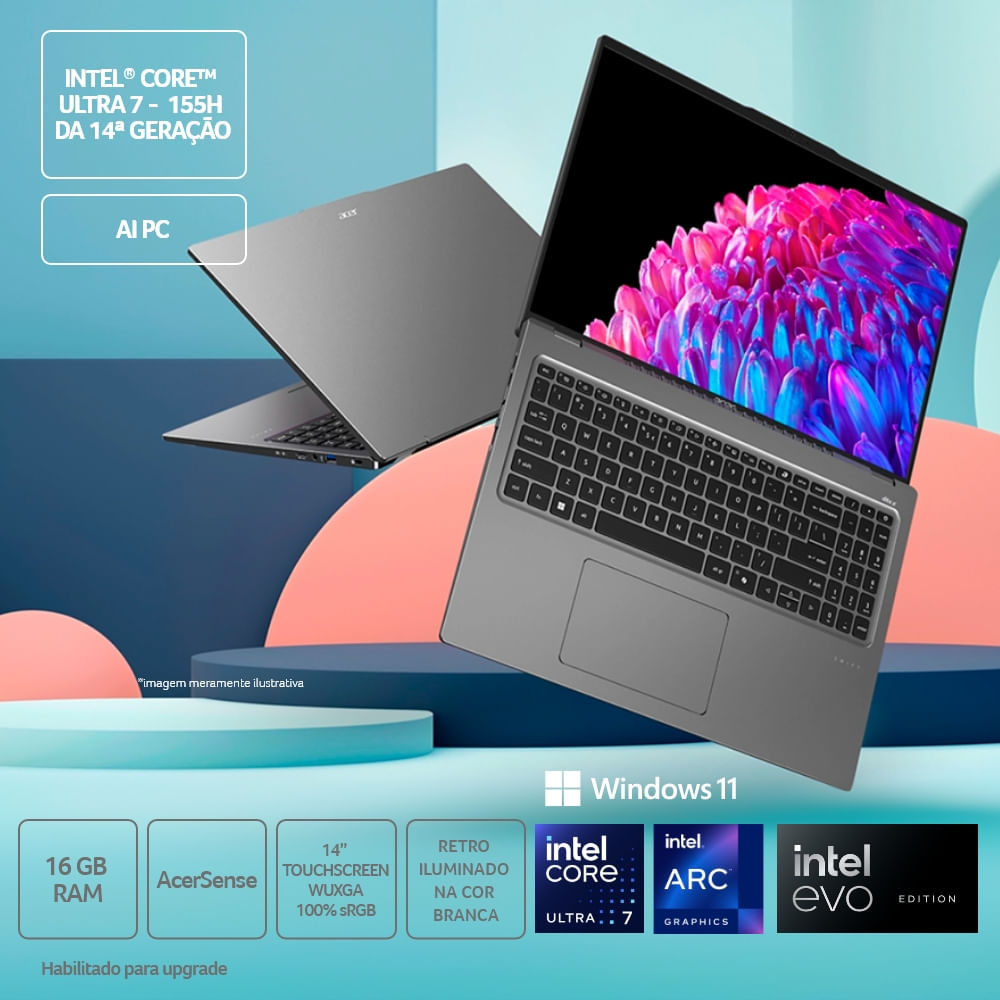 Encontraproduto.com.br - Notebook Acer Swift GO SFG16-72T-78ZP Core Ultra 7 14ª G. AI CoPilot Windows 11 Home 16GB 512SSD 16” WUXGA Touch