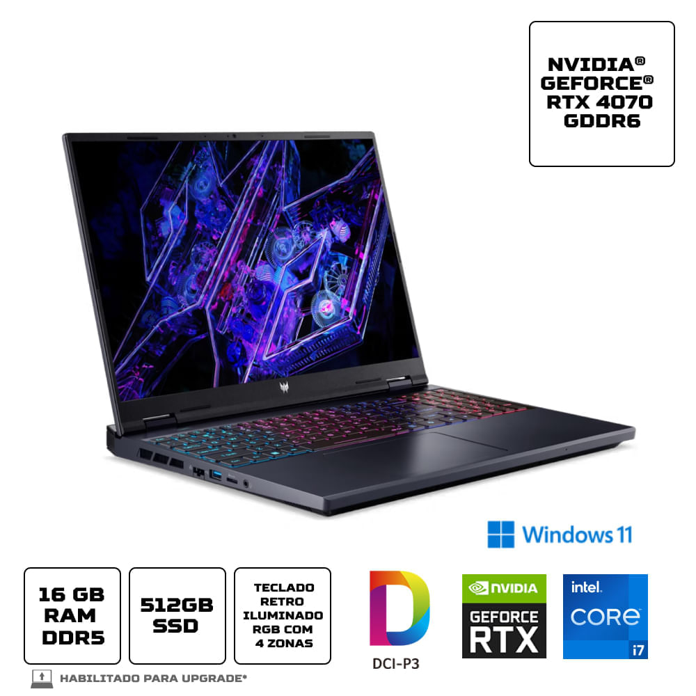 Encontraproduto.com.br - Notebook Predator Helios  Neo Notebook Acer Predator Helios Neo PHN16-72-74VX Intel Core i7-14700HX de 14ªGen 16GB 512GB SSD RTX 4070 W11 Home