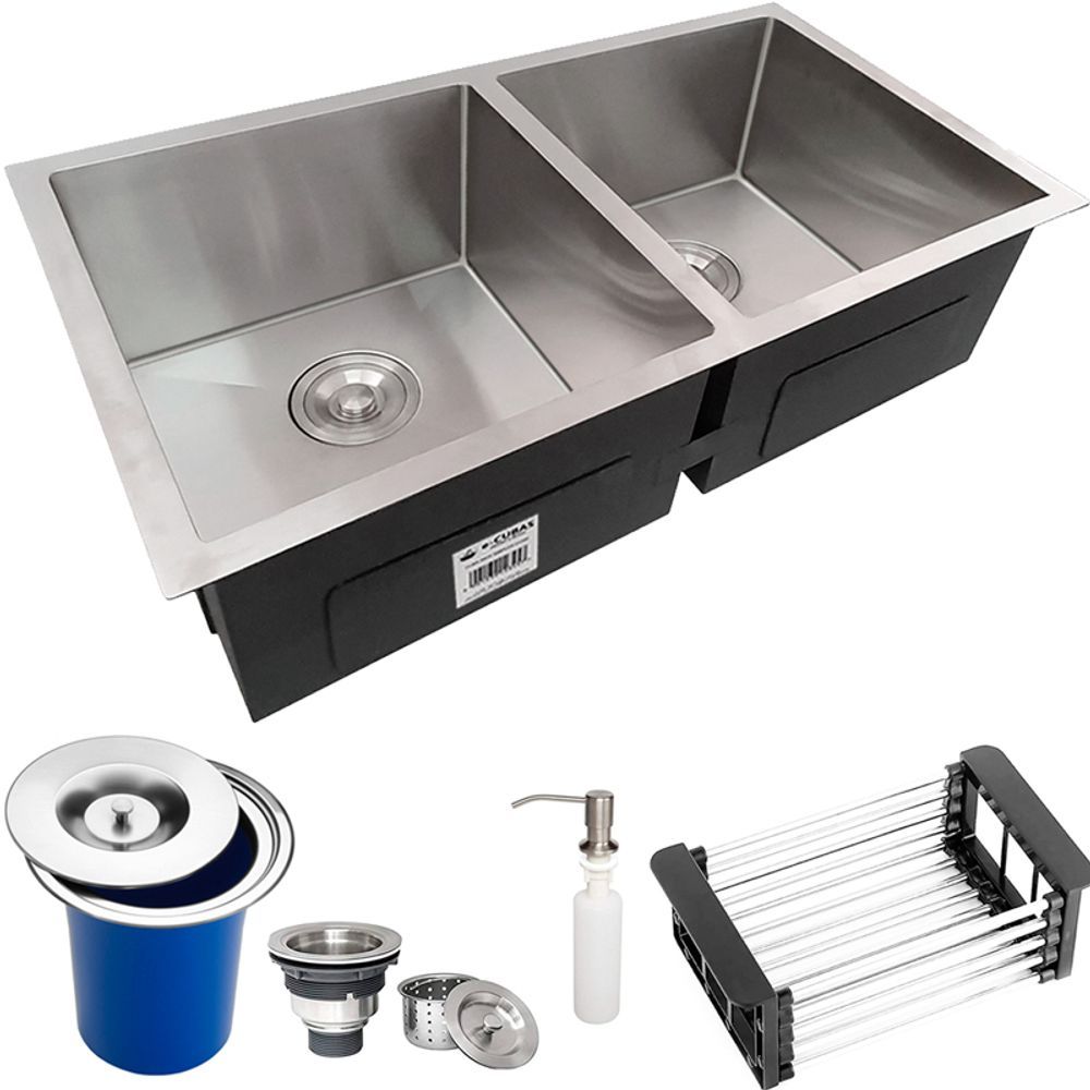 Encontraproduto.com.br - Cuba Dupla Quadrada Inox  9040 Lixeira 5l E Acessórios