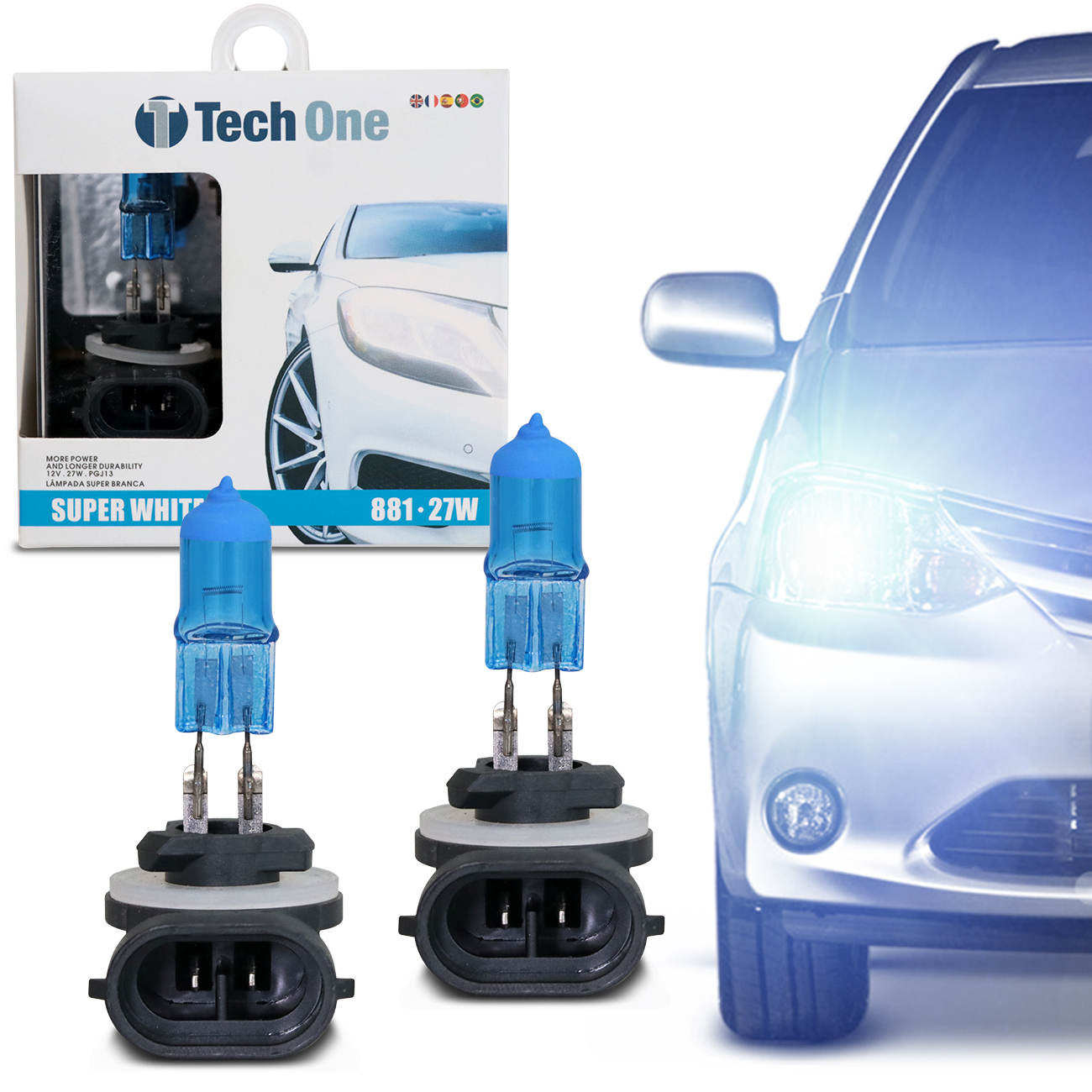 Encontraproduto.com.br - Par Lâmpada Automotiva Halogena Tech One H27 881 8500K 27W 12V Super Branca Farol Carro