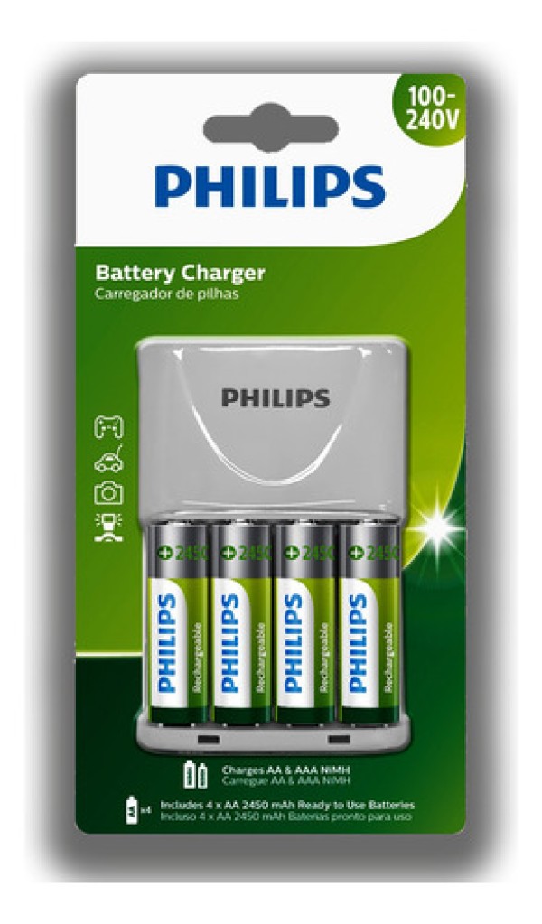 Carregador de Pilhas Philips com 4 Pilhas AA Recarregáveis 2450mAh SCB2445NB (Bivolt)