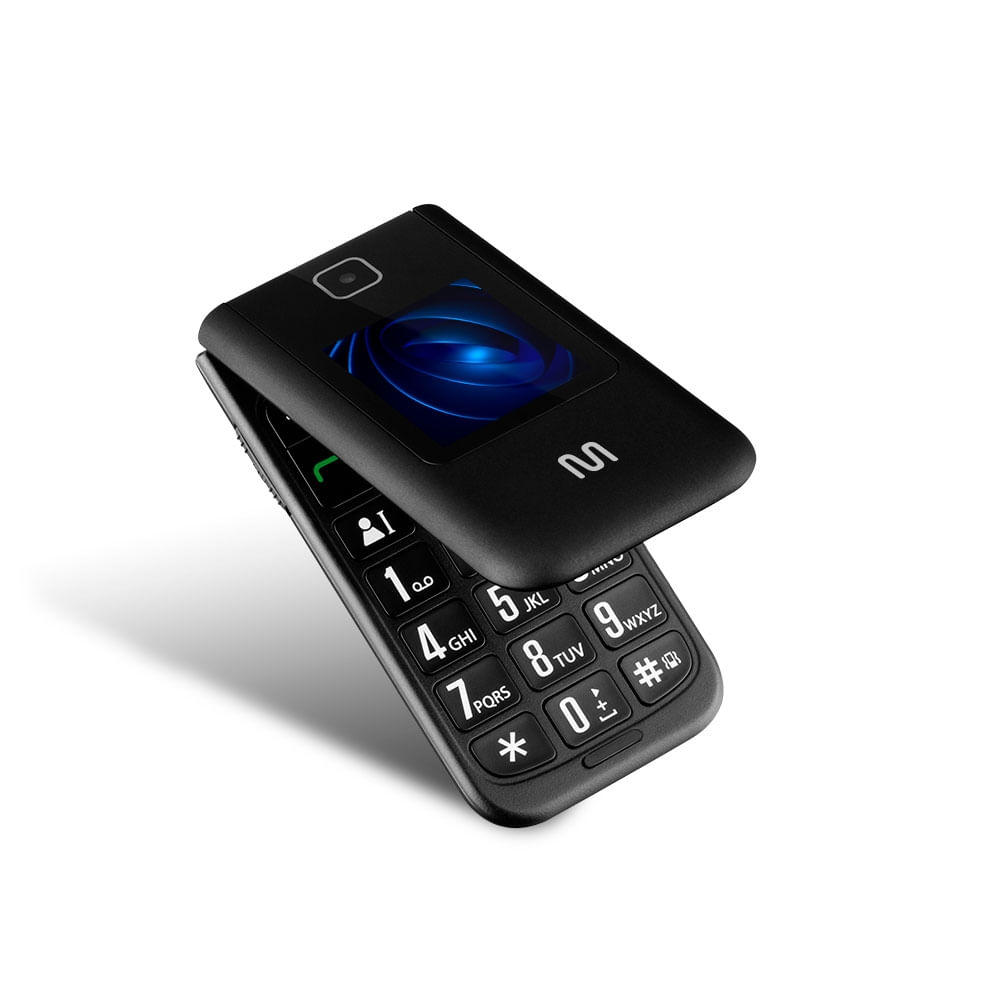 Encontraproduto.com.br - Celular Multilaser Flip Vita Duo Dual Chip com duas telas + Botão SOS + Rádio FM + MP3 + Bluetooth + Câmera Preto - P9145OUT [Reembalado]