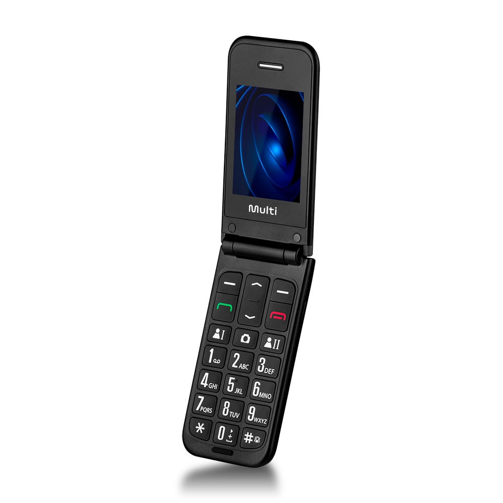 Encontraproduto.com.br - Celular Multilaser Flip Vita Duo Dual Chip com duas telas + Botão SOS + Rádio FM + MP3 + Bluetooth + Câmera Preto - P9145OUT [Reembalado]