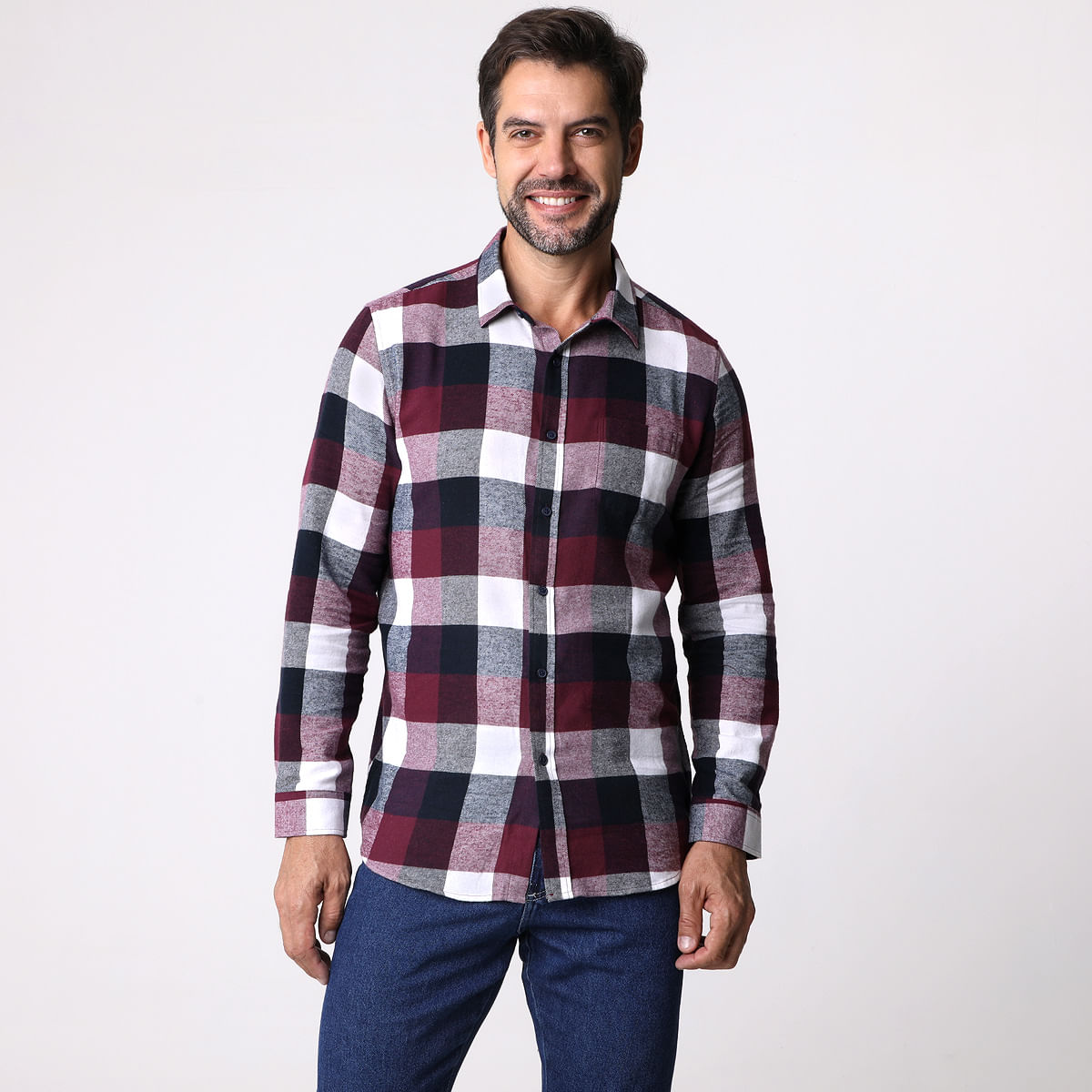 Camisa Manga Longa Xadrez De Flanela Vinho - Id Jovem