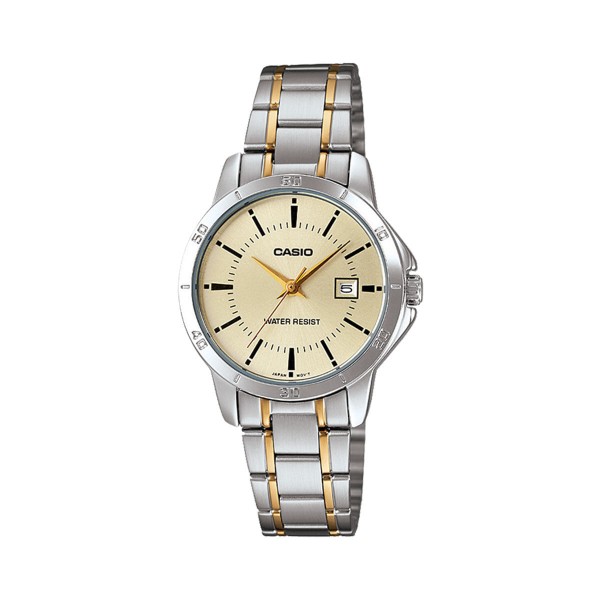 Encontraproduto.com.br - Relógio Casio Prata Feminino Ltp-v004sg-9audf Correia Prata/Dourado Bisel Prateado Fundo Champagne