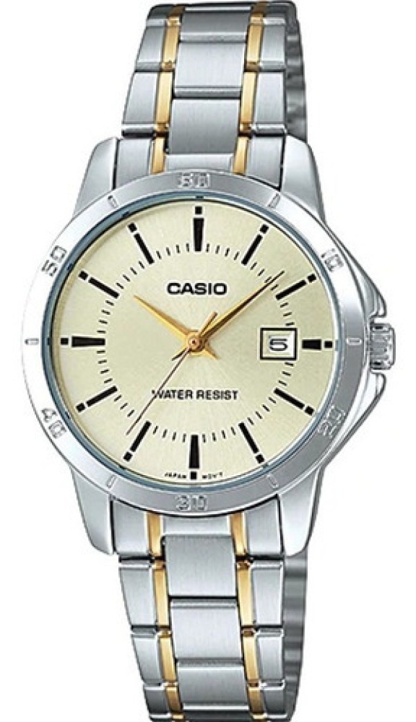 Encontraproduto.com.br - Relógio Casio Prata Feminino Ltp-v004sg-9audf Correia Prata/Dourado Bisel Prateado Fundo Champagne