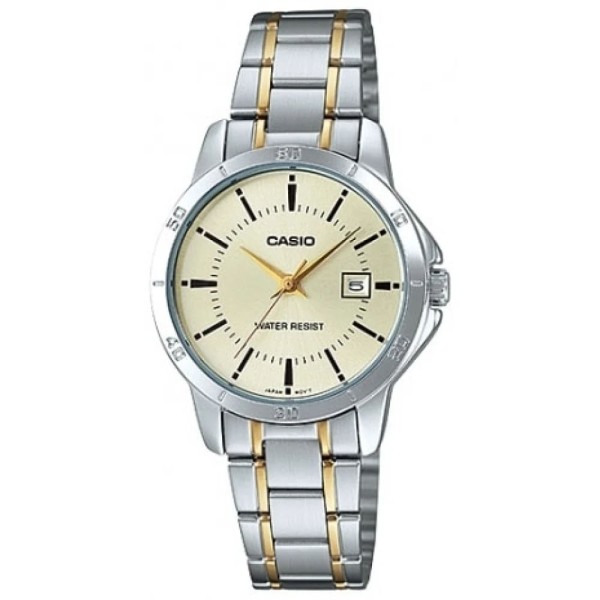 Encontraproduto.com.br - Relógio Casio Prata Feminino Ltp-v004sg-9audf Correia Prata/Dourado Bisel Prateado Fundo Champagne