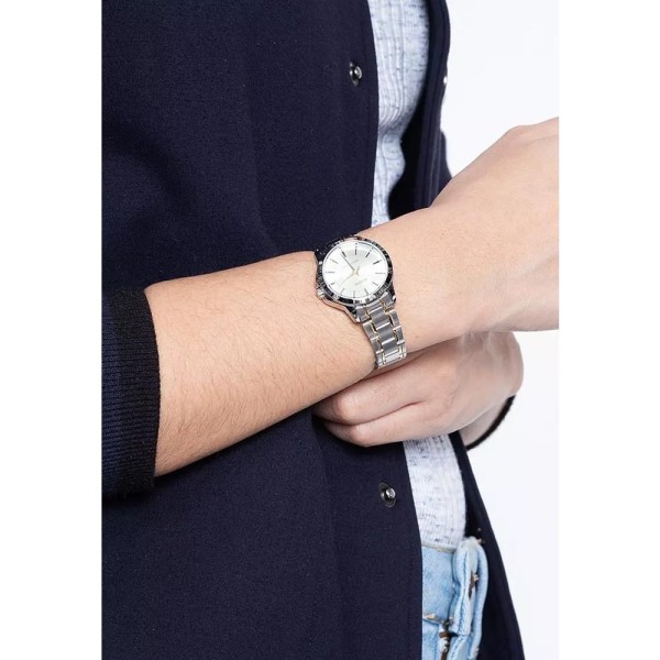 Encontraproduto.com.br - Relógio Casio Prata Feminino Ltp-v004sg-9audf Correia Prata/Dourado Bisel Prateado Fundo Champagne