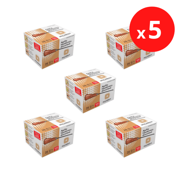Encontraproduto.com.br - Descarpack Agulha Hipodérmica Descartável Marrom 13x0,45mm (26G 1/2) com 100un - Kit 5un