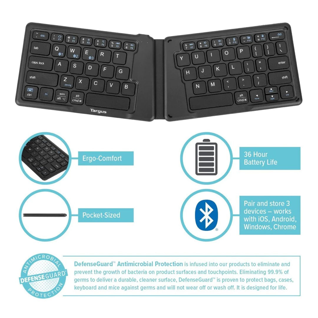Encontraproduto.com.br - Teclado sem Fio Bluetooth Dobrável Ergonômico Preto - Targus