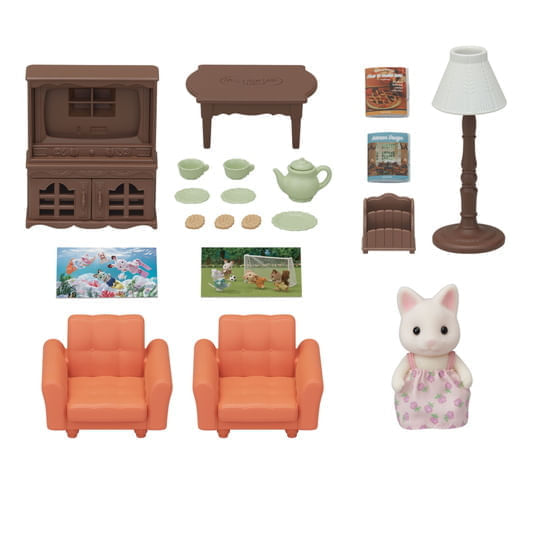 Encontraproduto.com.br - Sylvanian Families - Conjunto Sala de Estar com Irmã Gato - Epoch Magia