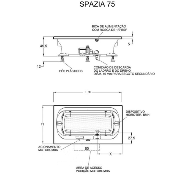 Encontraproduto.com.br - Banheira Jacuzzi Spazia 75 com Aquecedor 6 jatos em Acrílico 170x75x45,5cm
