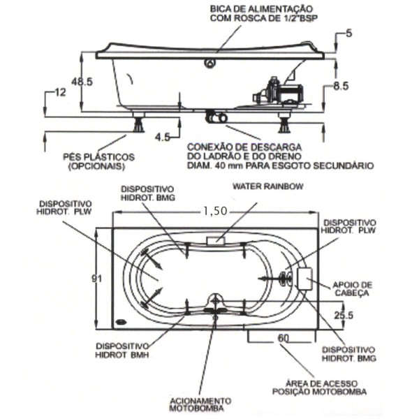 Encontraproduto.com.br - Banheira Jacuzzi Eura sem Aquecedor com Cascata 8 jatos em Acrílico 150x91x48,5cm