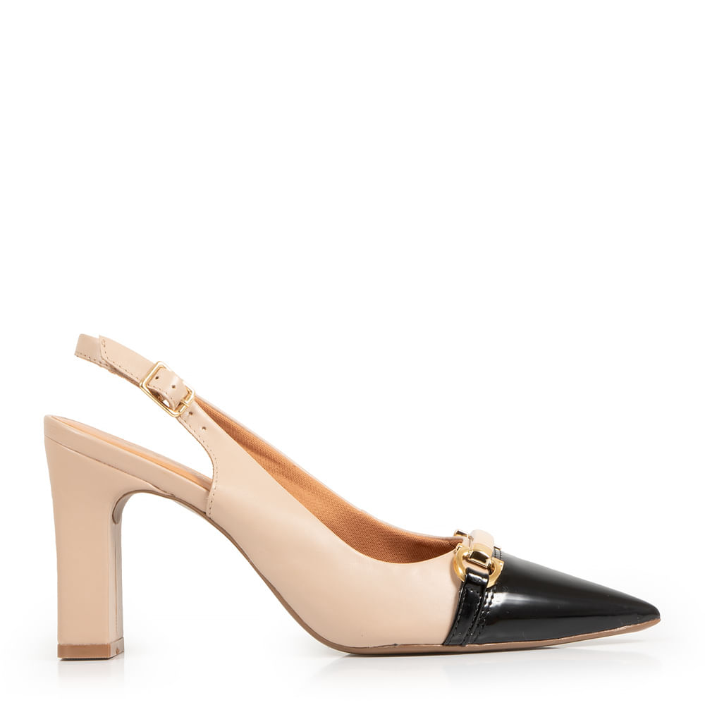 Scarpin Aberto Couro Bicolor Nude e Preto