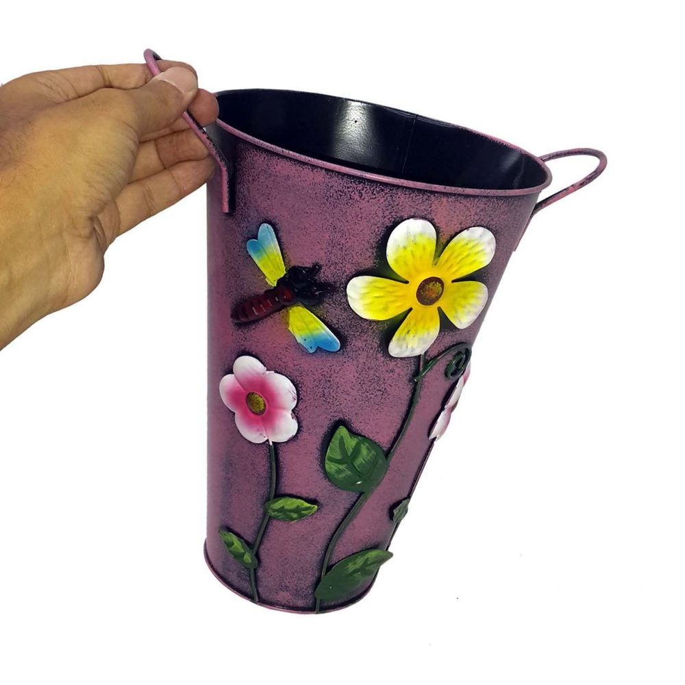 Encontraproduto.com.br - Balde Vaso Metal Enfeite Com Alça Jardim Quintal Varanda Flor Libelula Rosa (balde-26)