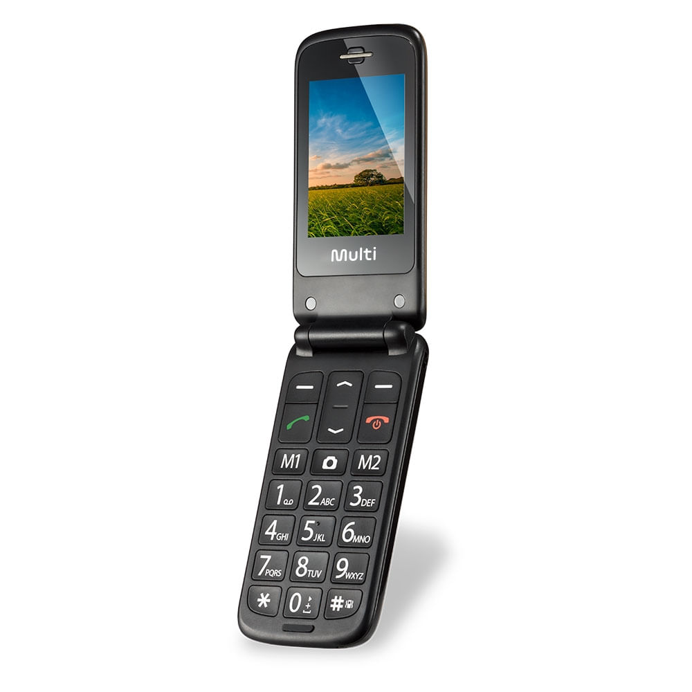 Encontraproduto.com.br - Celular Flip Vita Multilaser Dual Chip MP3 Dourado - P9043OUT [Reembalado]