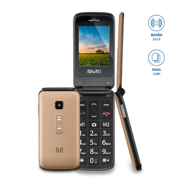 Encontraproduto.com.br - Celular Flip Vita Multilaser Dual Chip MP3 Dourado - P9043OUT [Reembalado]