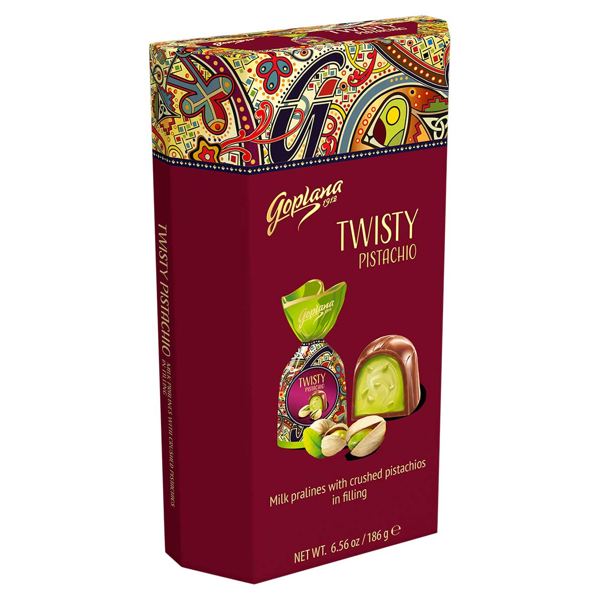 Encontraproduto.com.br - Bombom de Chocolate Polonês com Pistache Twisty Goplana 186g