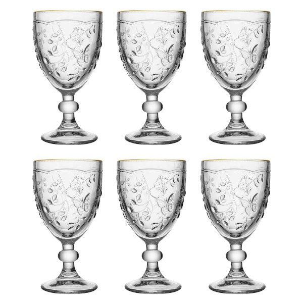 Jogo de Taças New Butterfly 6 Peças C/ Fio Dourado 320ml em Cristal Lyor