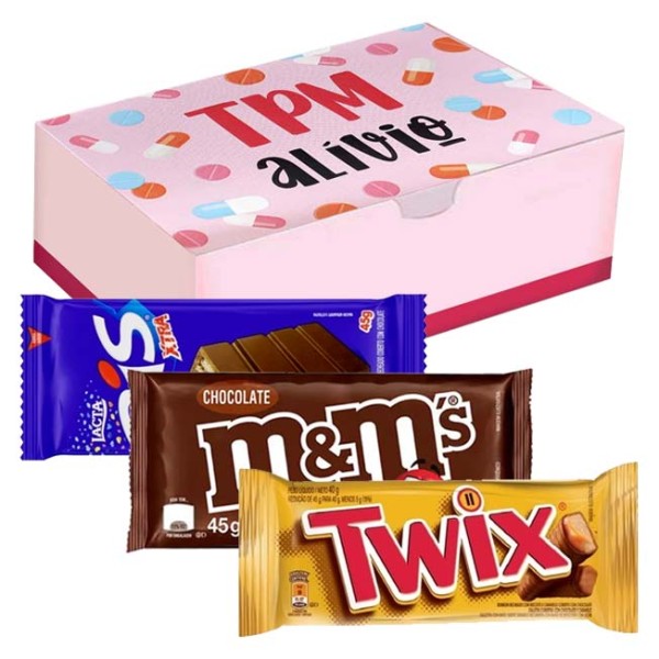 Encontraproduto.com.br - Kit TPM 5 - Caixa personalizada + Chocolate Twix, M&Ms e Bis Xtra