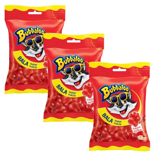 Kit com 3 Pacotes Bubbaloo Morango 75g - Adams