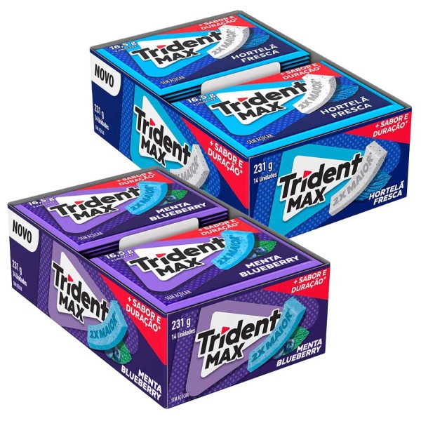 Kit com 2 caixas Trident Max c/14 - 1 Blueberry + 1 Hortelã - Adams