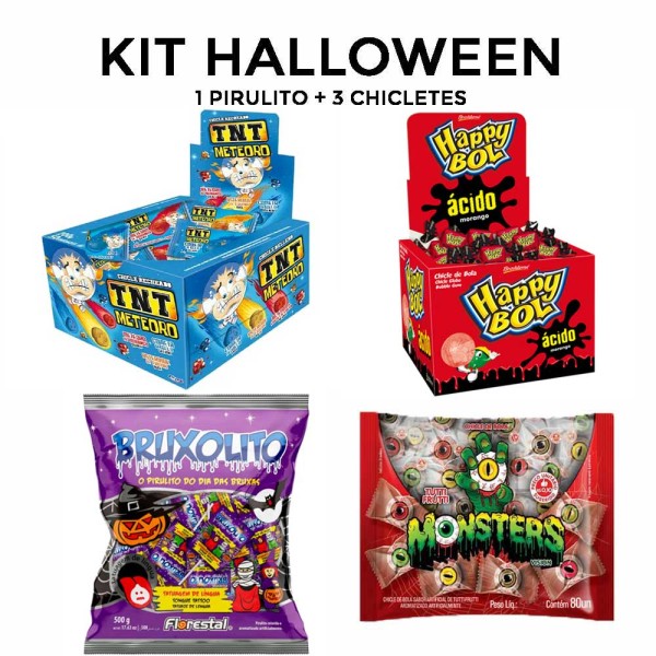 Encontraproduto.com.br - Doces Dia das Bruxas Halloween 3 Chiclés (Cabeça Abóbora+Olho+Baba de Bruxa) 1 Pirulito Bruxolito