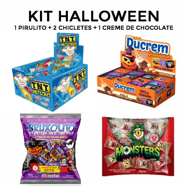 Encontraproduto.com.br - Doces Dia das Bruxas Halloween 1 Chicle Cabeça Abóbora e 1 Olho, 1 Creme Avelã, 1 Pirulito Bruxolito
