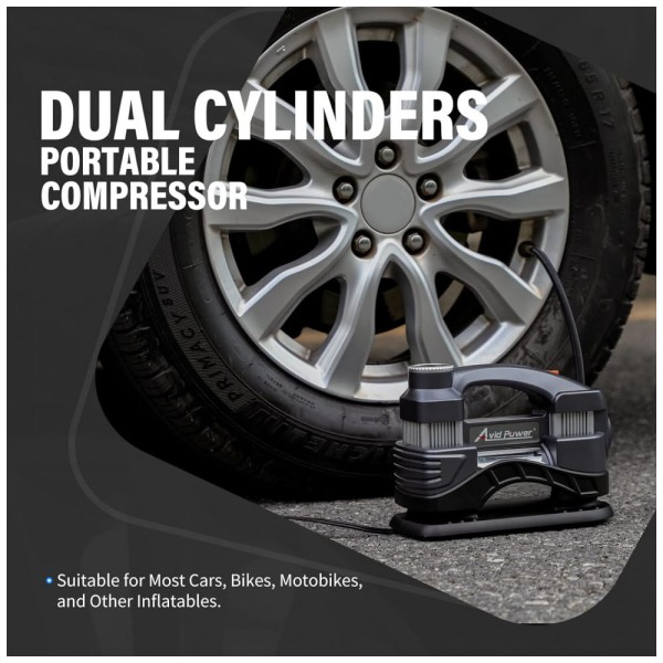 Encontraproduto.com.br - Compressor de Ar Portátil com Duplo Cilindro e Desligamento Automático, 12V, AVID POWER AHCAP068, Preto