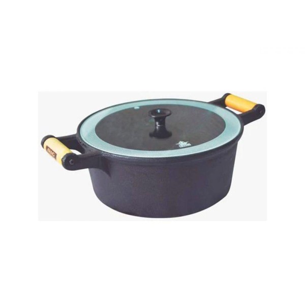 Encontraproduto.com.br - Caçarola de Ferro Alça de Madeira e Tampa de Vidro 8 Litros