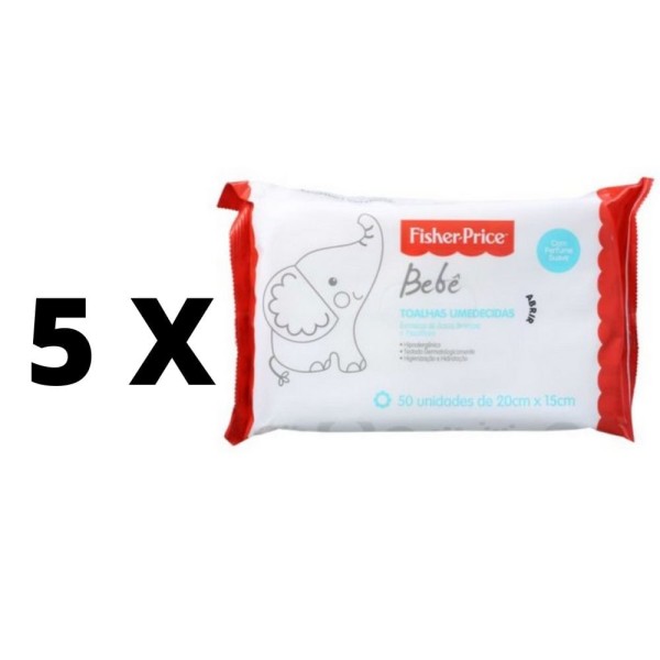 Encontraproduto.com.br - KIT COM 5 TOALHAS UMEDECIDAS BEBÊ PERFUME SUAVE FISHER PRICE