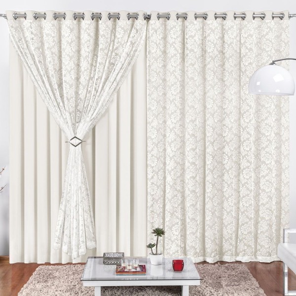 Encontraproduto.com.br - Cortina Serena Para Trilho Comum Tecido Renda Floral e Malha 2,00M X 1,70M - Palha