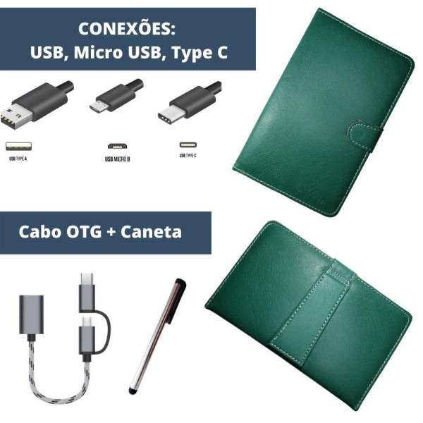 Encontraproduto.com.br - Capa Case Tablet 7 Teclado Usb Verde + Cabo Otg + Caneta