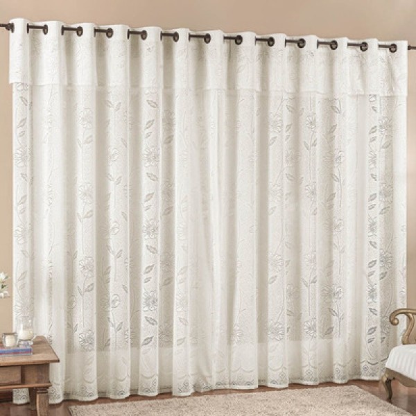 Encontraproduto.com.br - Cortina Jade Para Trilho Comum Tecido Renda Floral 2,00M X 2,50M Porta Balcão - Palha