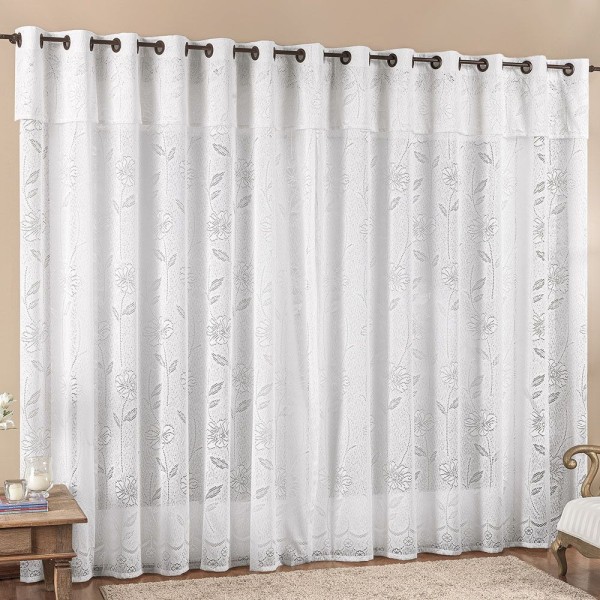 Encontraproduto.com.br - Cortina Jade para Trilho Comum Tecido Renda Floral 3,00m x 2,50m Sala Quarto - Branca