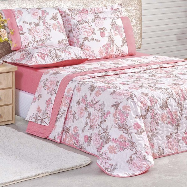 Encontraproduto.com.br - Kit Combo Premier Cobre Leito Queen Micro Percal 200 Fios + Toalhas De Banho 8 Peças - Rosa Florido