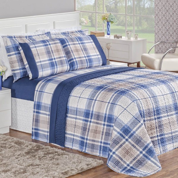 Encontraproduto.com.br - Cobre Leito Casal 200 Fios 3 Peças Azul Xadrez