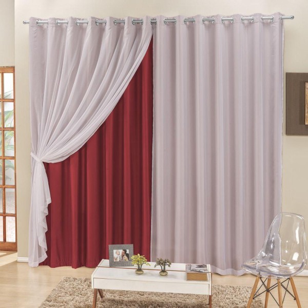 Encontraproduto.com.br - Cortina 3 Mts Sala Quarto Voal e Semiblackout para Trilho Suisso Vermelho
