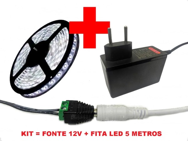 Kit Fita de Led Branco Frio 6000k com 5 Metros + Fonte Energia 12v Bivolt