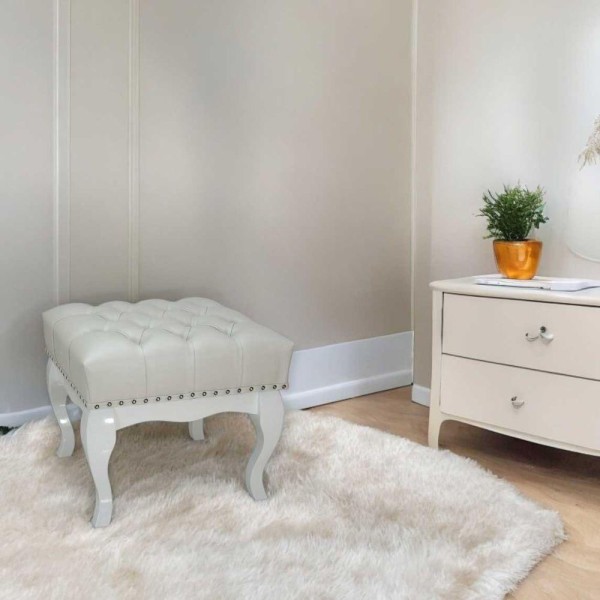 Puff Closet Multiuso Pequeno Madeira Maciça Branco Com Tachas Luna