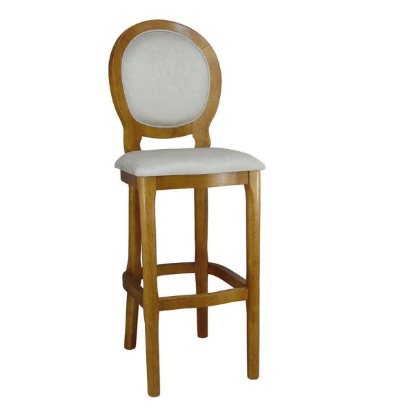 Encontraproduto.com.br - Banqueta De Madeira Alta Medalhão Veludo Creme E Verniz Mel