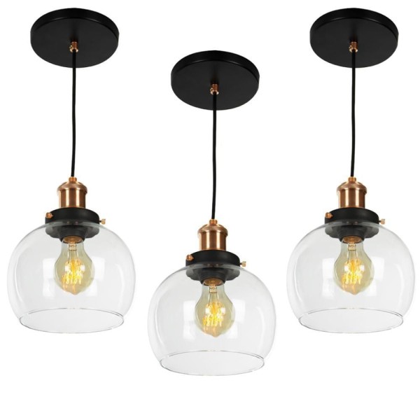 Encontraproduto.com.br - Kit 3 Lustre Pendente Château Bola Media Vidro Preto /cobre
