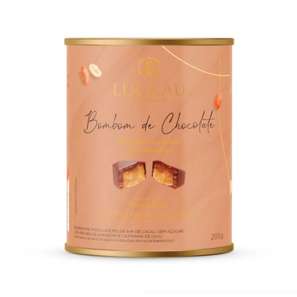 Encontraproduto.com.br - Bombom de Chocolate Belga 54% Cacau Recheado com Pasta de Amendoim Luckau 200g