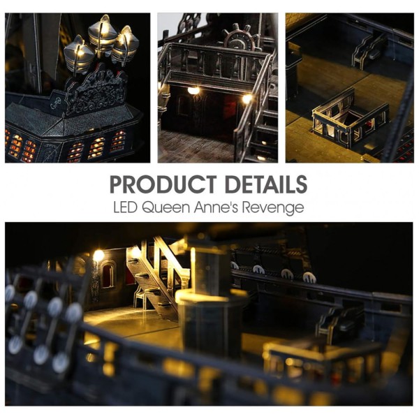 Encontraproduto.com.br - Quebra Cabeças 3D Veleiro Negro com Led para Crianças e Adultos, 340 Peças, CUBICFUN, Preto