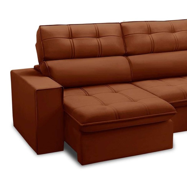 Encontraproduto.com.br - Sofá 5 Lugares Retrátil e Reclinável Arezzo com Chaise Direito Veludo Terracota