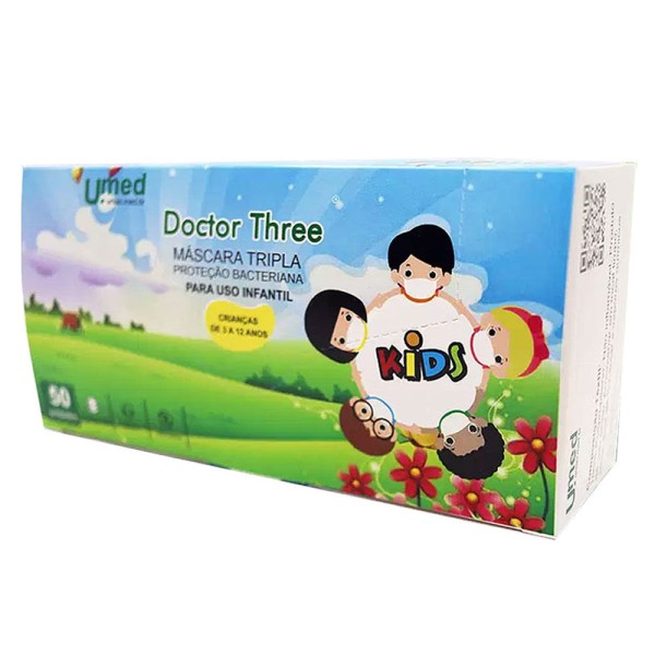 Encontraproduto.com.br - Máscara Descartável Tripla Elást Doctor Three Kids Azul 50 unidades